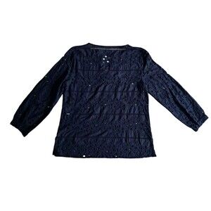 Chico's Navy Blue Eyelet Top Womens 0 Small Embroidered 3/4 Sleeve Button‎